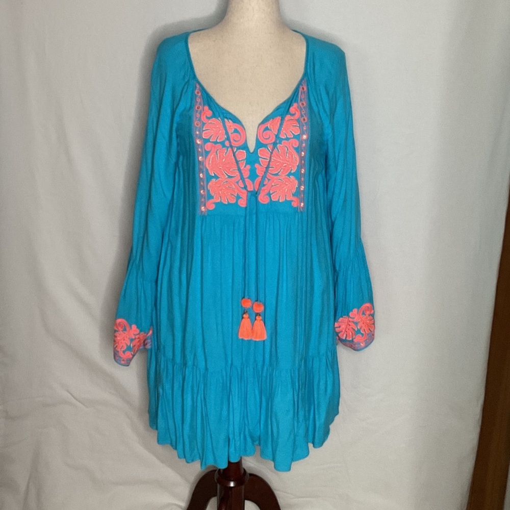 Lilly Pulitzer Turquoise Dress with Pink/Coral Embroidery and Bell Sleeves